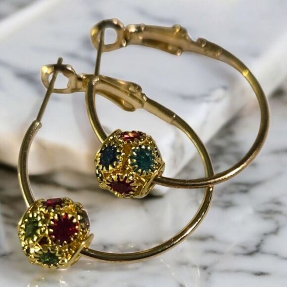 Cute Gold Rhinestone Hoop Earrings Round Shaped Pierced Jewelry Colorful NWT - Picture 9 of 10